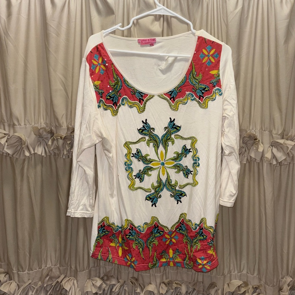 White and Red Floral Long Sleeve Top